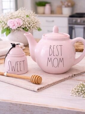 NEW Rae Dunn BEST MOM Pink Teapot & SWEET Honey Pot Set HTF Mother’s Day